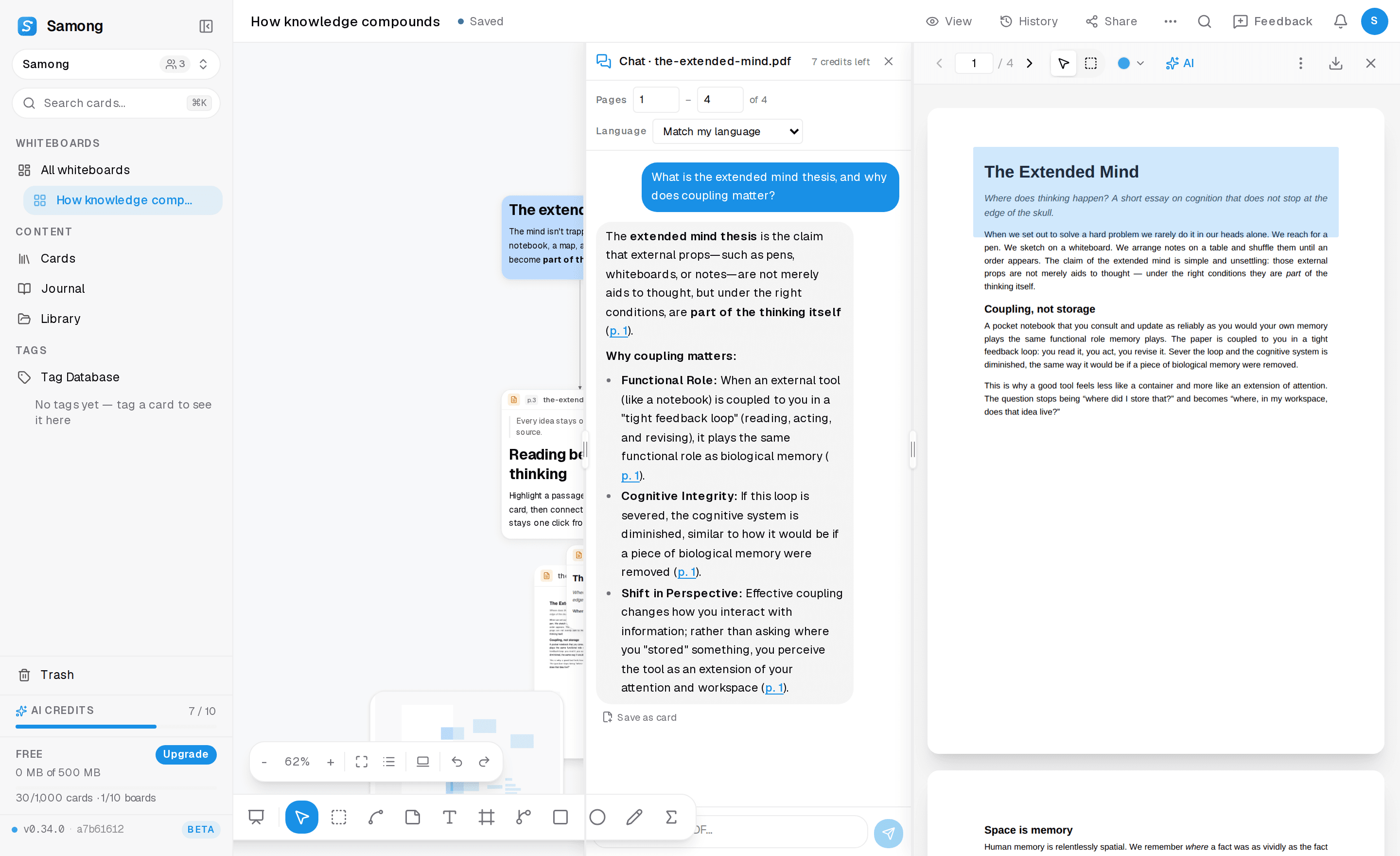Chatting with a PDF — the AI answers with page citations beside the open reader