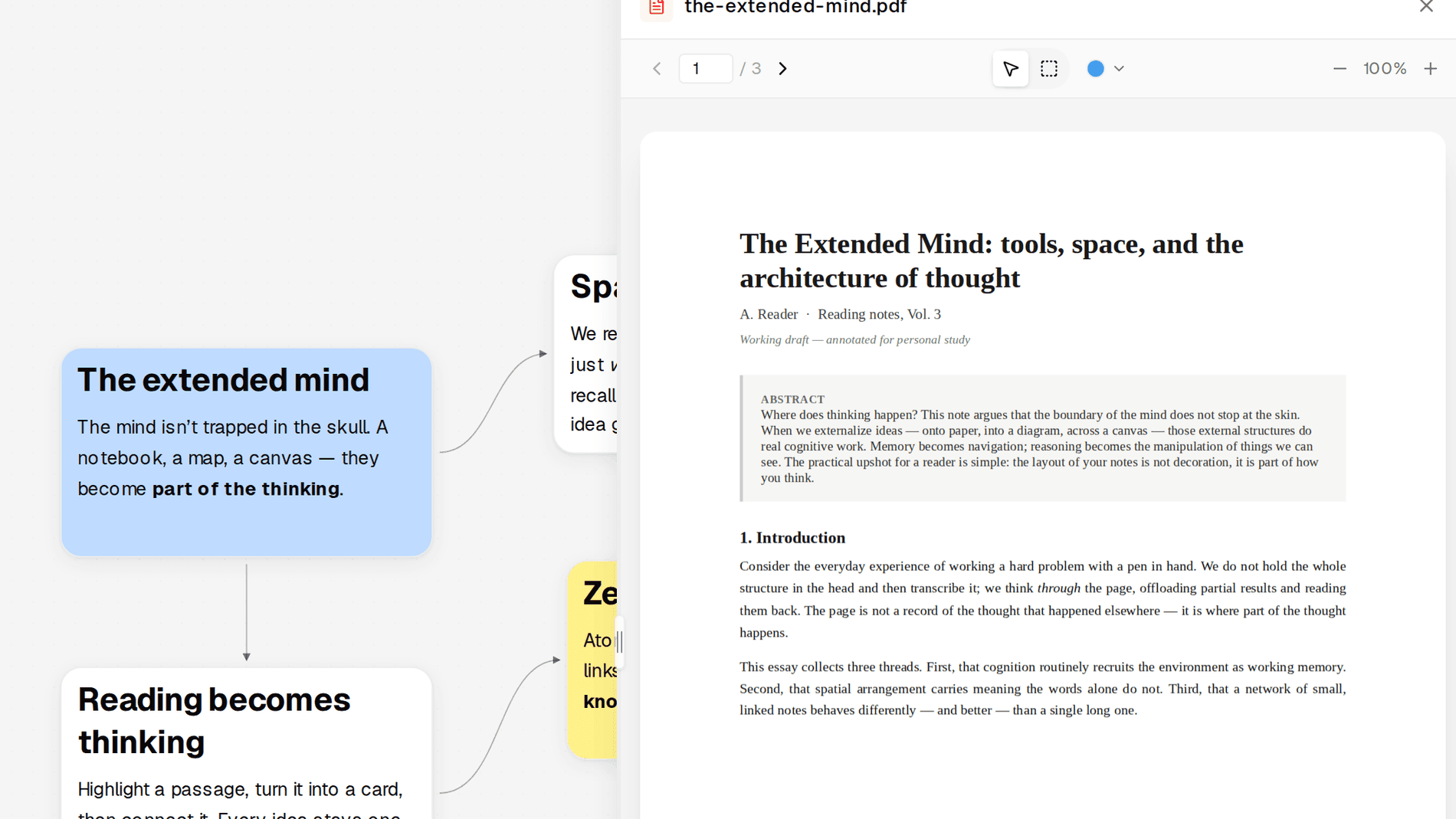 Reading a PDF in Samong beside a card extracted from it